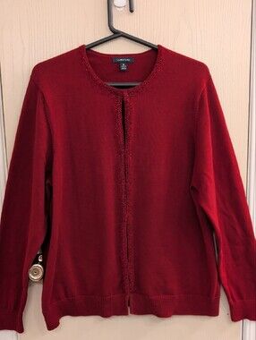 Lands' End Women's 1X Beaded Cotton Cardigan Sweater Brick Red Crewneck